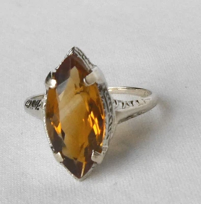 $249 • Buy Antique Art Deco 14k White Gold 2.45Ct Madeira Citrine Navette Ring Ornate Mount