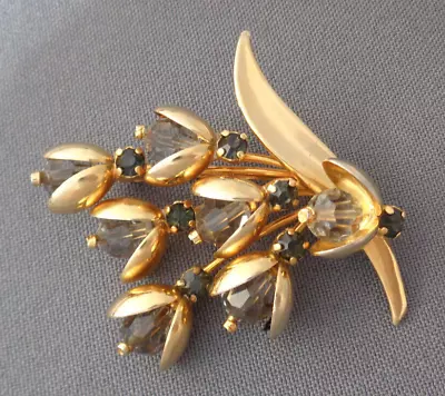 VTG Made In Austria Brooch Pin Smokey Glass Bead Gold Tone Abstract Flower Spray • $19.99