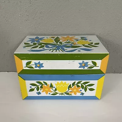 Vintage Syndicate MFG Co Metal Tin Recipe Trinket Box Yellow & Blue Flowers Mod • $15.12