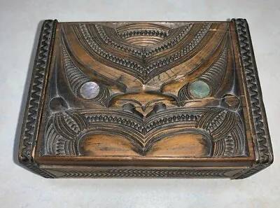 Vintage Maori Hand Carved Tiki Tapu Wood Box & Paua Shell Eyes P. H. LEONARD • $74
