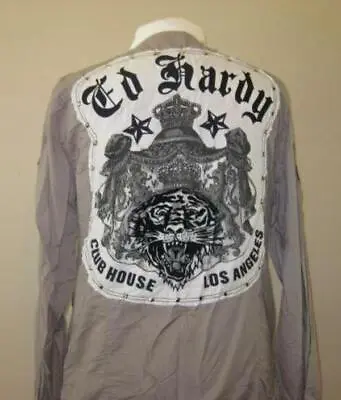 ED HARDY Mens M L Gray Button Front Tiger Dress Shirt Cotton Club Wear NEW • $36