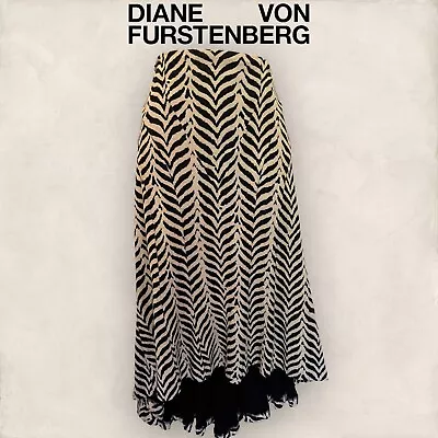 Diane Von Furstenberg Womens Vintage Ivory Black Dipped Hem Skirt US 8 UK 12 • £79