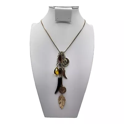 Vintage Horn Feather Coins Y-Drop Necklace Pendant Charms Gold Tone  • $12