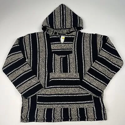 Vintage Sunspecs Mexican Baja Poncho Hoodie Black & Beige Men's Medium • $29.99