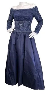 Mary McFadden Couture Vintage 1980's Off The Shoulder Blue Evening Dress Size 10 • $399.99