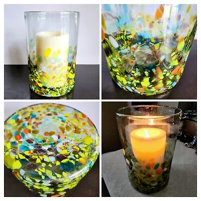 CRATE & BARREL Fiesta Blown Glass Hurricane Candle Holder Large 8-3/4  Colorful • $42