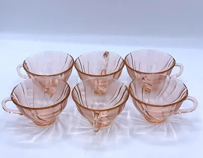 6 Vintage Vereco France Pink Swirl Teacups Scalloped Frosted/Clear Glass • $32.95