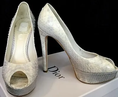Dior Shoe White And Silver Gray Peep Toe Snake Platform Pump Size 38 1/2 • $295