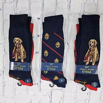 Polo Ralph Lauren Dog Crest Logo Socks 6 PAIRS Red Plaid Holiday MENS XL 12-17 • $44.50