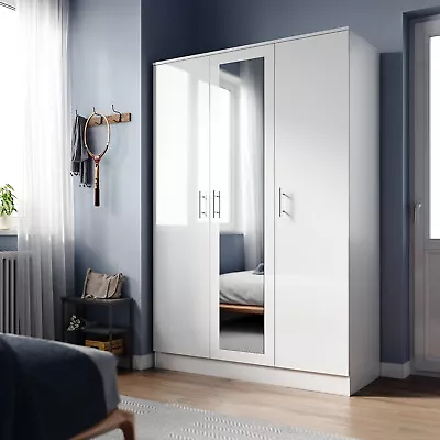 2/3 Door Corner Wardrobe High Gloss Storage Cupboard With Mirror Hanging Rail • £216.99