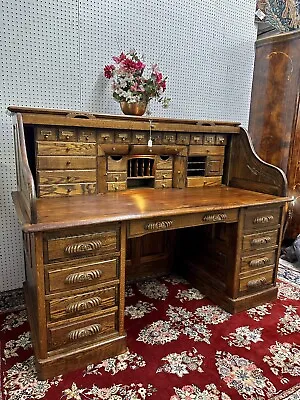 Vintage Beautiful American 66 Oak Crest S Curved Golden Oak Roll Top Desk • $3850