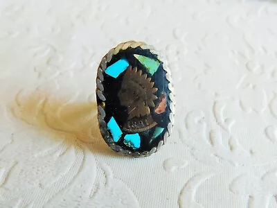 VINTAGE NAVAJO STERLING SILVER INDIAN HEAD PENNY TURQUOISE CORAL RING SIZE 5  6g • $35