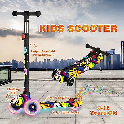 Kids Scooter 3 Wheel 4 Adjustable Height W/LED Flashing Light & Music Graffiti • $45.90