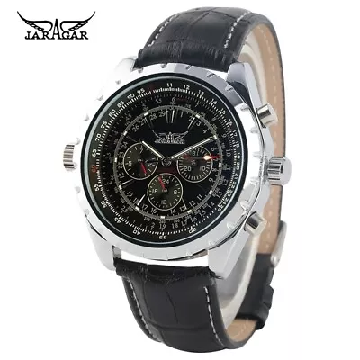 JARAGAR Men's Automatic Mechanical Wristwatch Army Leather Multifunction Watch • £14.38