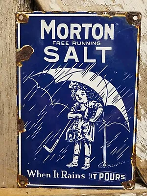 Vintage Morton Salt Porcelain Sign Old General Store Food Kitchen Girl Grocery • $154.95