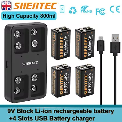 9V Block 6F22 Lithium Li-ion 9 Volt Rechargeable Batteries / 4 Slot USB Charger • £63.90