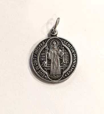 Vintage Detailed Sterling Silver St. Benedict Catholic Religious Medal - 4 Grams • $9.99