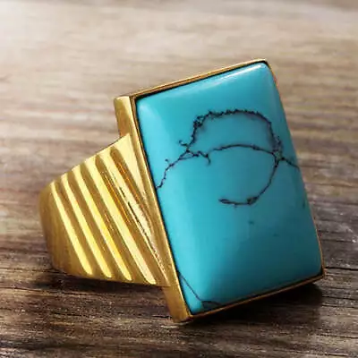 Men's Ring With Blue Turquoise Gemstone In 14k Yellow Gold • $860