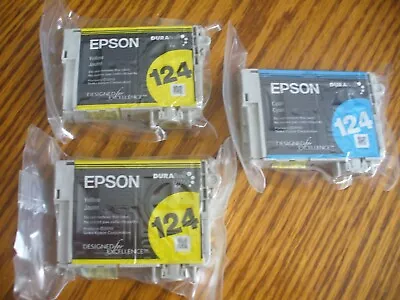 Epson 124 Sealed 3 Ink Cartridges Genuine EXPIRED 2 Yellow 1 Cyan • $6.95