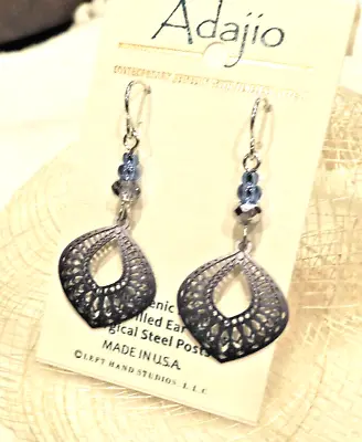 Adajio Earrings Periwinkle And Indigo 'Moroccan' Teardrop Filigree Handmade US • $23.50