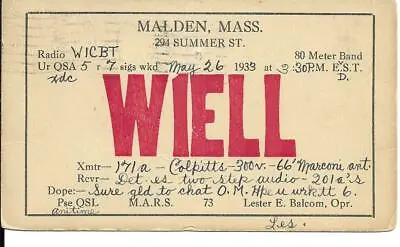 QSL  1933  Malden   MA     Radio Card    • $6.02