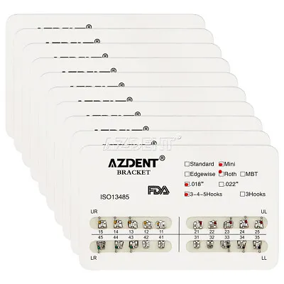 10 Packs AZDENT Dental Metal Brackets Mini/Standard MBT/Roth 022/018 Hooks 3/345 • $22.31