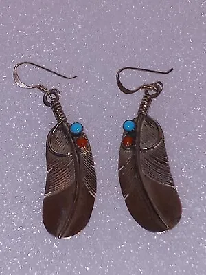 Vintage Navajo Sterling Silver Feather Turquoise Coral Dangle Earrings • $59.99
