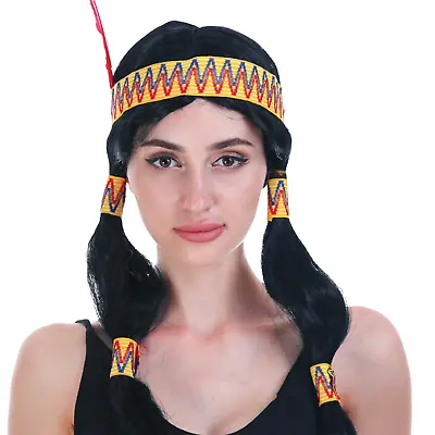 Women's Native American Wig W/ Red Feather Pigtail Indian Party Costume Hair • $14.35