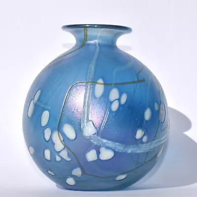 Signed PHOENICIAN Malta Art Glass Vase - Blue/Iridescent With White (11.4cm) • $32.08