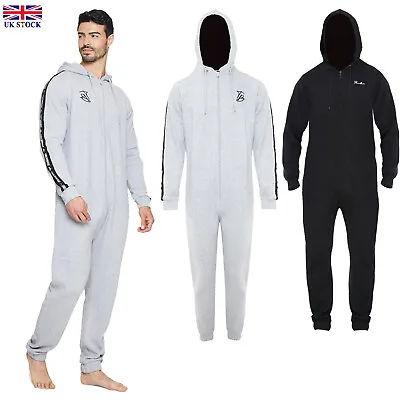 Men's Fleece 1onesie All-In-One Plain Contrast Sleeve Hooded Pyjamas Jumpsuit • £27.99