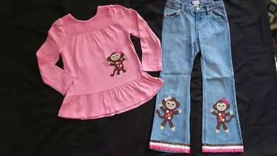 Gymboree 5 5T Appliqued Fall For Monkeys Jeans Pink Ruffle Top Lot Outfit • $48