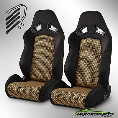 Universal Black+Gold I-pattern PVC Reclinable Racing Seats Pair Left/Right • $339.98