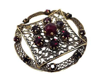 Signed Western Germany Round Filigree Brooch Pin W/ Garnet Red Rhinestones VTG • $24.99