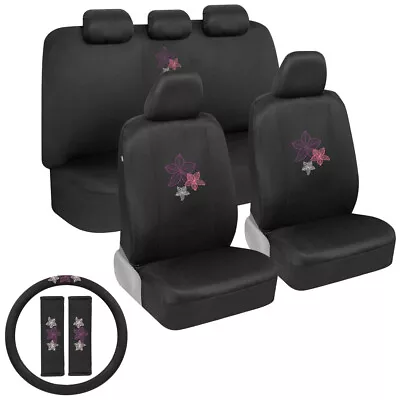 Purple & Pink Flowers Car Seat Covers Design Polyester & Steering Wheel Cover • $34.90