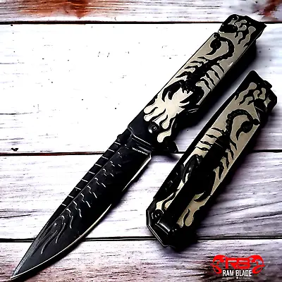 9  7cr13 Steel Blade Spring Assisted Folding Pocket Knife Black Scorpion HANDLE • $16.96