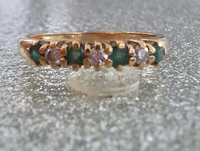 9ct Yellow Gold Natural Emerald & Diamond Ring 9k Size M • £130