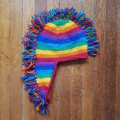 Rainbow Mohawk Stripe Knit Winter Hat Multicolor Stripe Wool Yarn Made In Nepal • $20