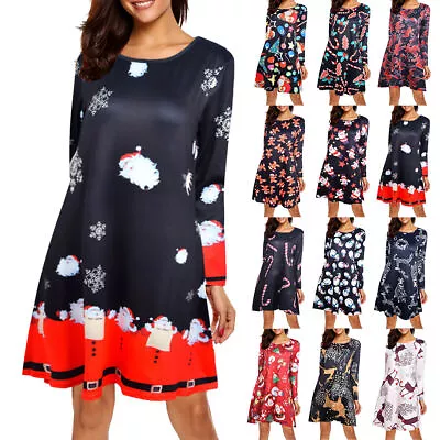 Women Christmas Dress Long Sleeve Xmas Dresses Casual Crew Neck Ladies Party • $22.24