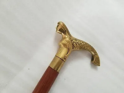 Vintage Sea Brass Brown Mermaid Design Solid Victorian Wooden Walking Stick Cane • $37.59