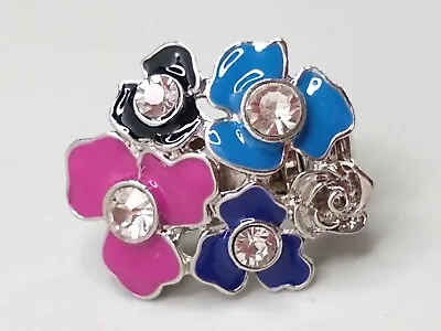 Vintage Fashion Adjustable Elastic Ring With Enamel Flower And Crystal Accent • $15.40