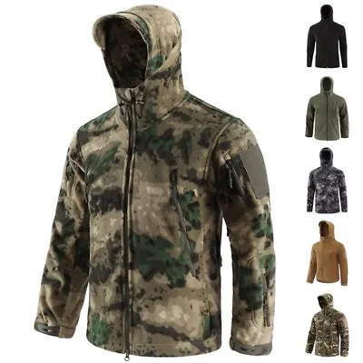 Airsoft Men Army Military Fleece Jacket Tactical Outdoor Casual Winter Hood Camo • £29.59