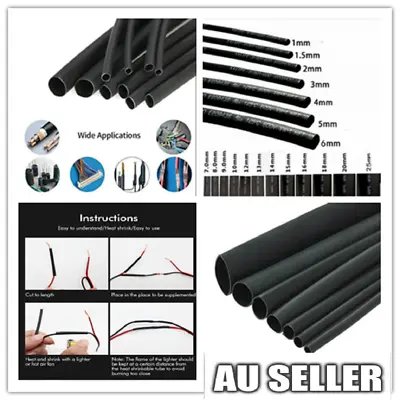 Heat Shrink Tube Black Tubing Cable Insulation & Wire Sleeve 2 Meters Ratio 2:1 • $4.99