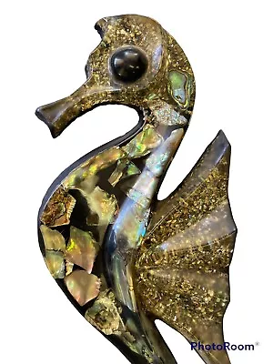 Vintage Set Of 3 Acrylic Art - Abalone Sea Horses Ocean Decor Wall Plaques • $49.98