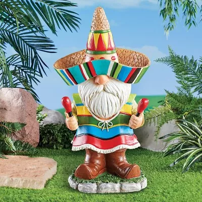 Colorful Mexican Mariachi Festive Garden Gnome W/ Maracas Outdoor Garden Statue • $36.99