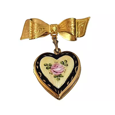 Coro Vintage Heart Locket Brooch Bow Pin Guilloche Rose Yellow Enamel  • $22.49