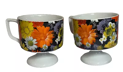 MCM Pedestal Mug Mod Vintage Black & Orange Floral Footed 3.5” Diameter • $18.95