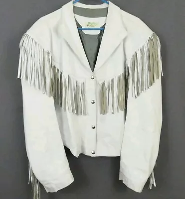 Amazing Vtg 80s Genuine Leather White Fringe Crop Jacket Boho Country Western L • $89.99