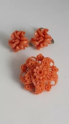 Vintage Carved Celluloid Brooch/pin & Screwback Earrings. Coral Color • $29