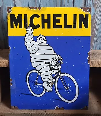 Michelin Tires Tire Man Mascot Bibendum On Bicycle Porcelain Metal Enamel Sign • $9.95