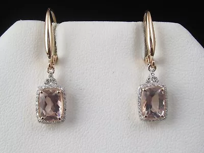 Morganite Diamond Earrings Drop Dangle Halo 14K Rose Gold Hinged Hook • $395